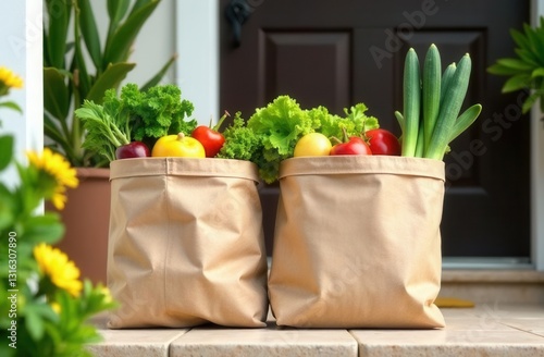 Two bags filled with fresh vegetables and fruits on a porch step