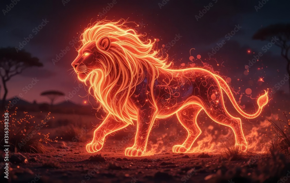 A double exposure poster featuring a lion king character walking in a fiery savannah with celestial elements and dynamic lighting effects.