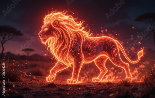 A double exposure poster featuring a lion king character walking in a fiery savannah with celestial elements and dynamic lighting effects.