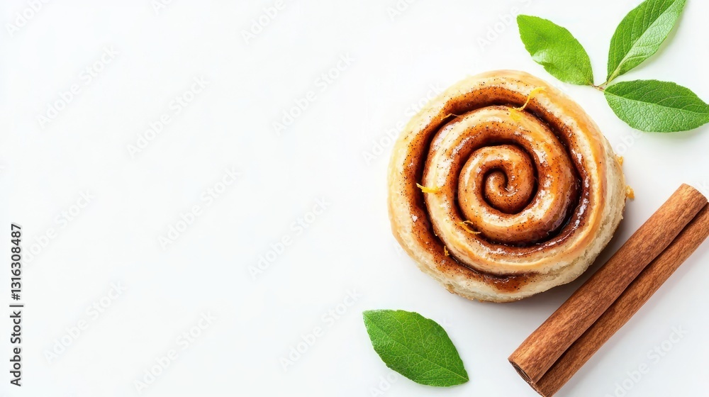 Fototapeta premium Freshly Baked Cinnamon Swirl Roll with Cinnamon Sticks and Green Leaves on a Clean White Surface