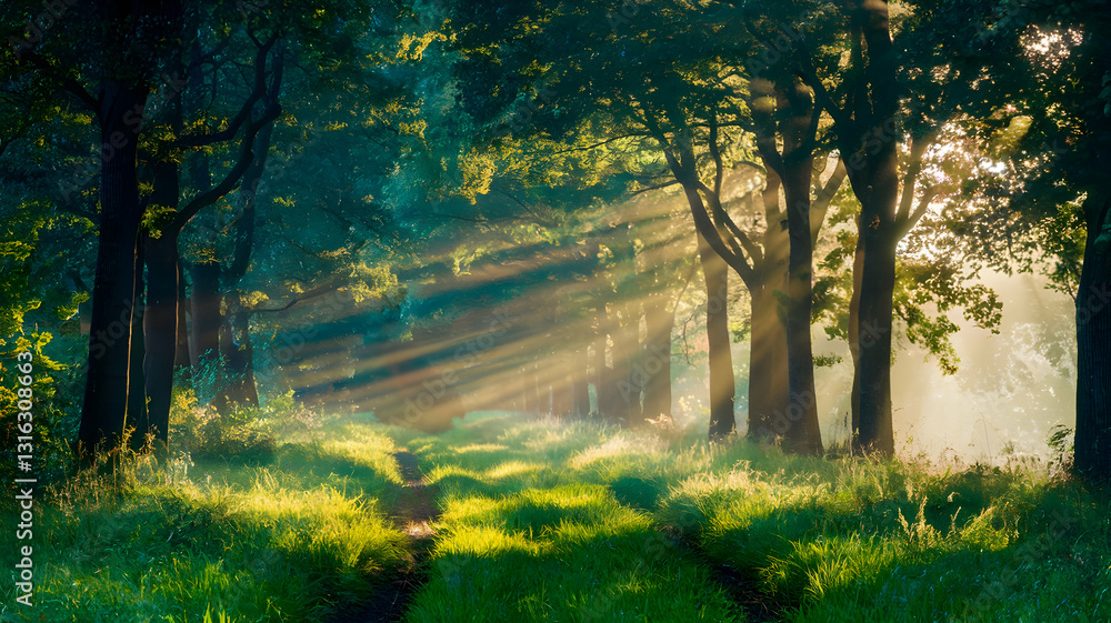Obraz premium Sunbeams Dance Through A Tranquil Forest Path, Illuminating A Magical, Peaceful Morning Scene With Lush Greenery And Soft Light