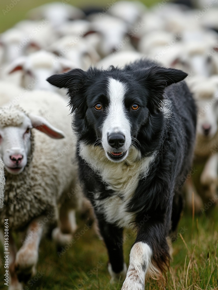Border Collie Herding Sheep on Farm in Green Pasture Landscape Border Collie Herding Sheep on Farm in Green Pasture Landscape