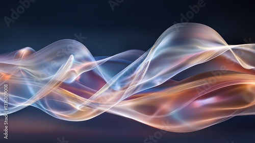 Beautiful light painting with waves in pearl and opal on a dark sky backdrop, side view perspective.