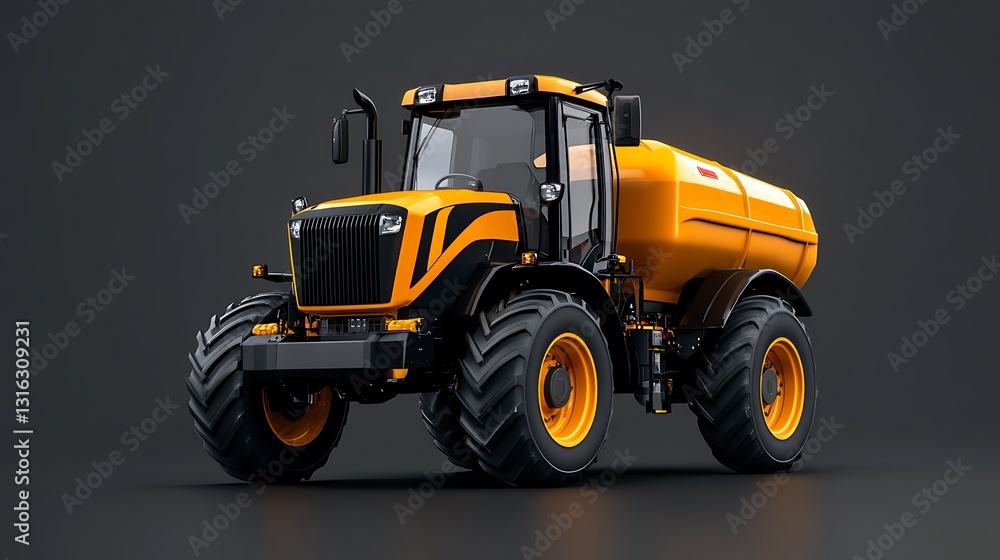 Obraz premium Powerful Yellow Farm Tractor with Water Tank - 3D Render AI Generated