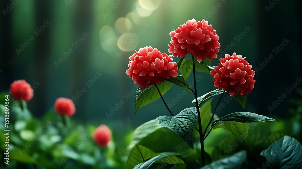 Enchanted Forest: 3D Render of Vibrant Red Flowers at Dawn AI Generated Enchanted Forest: 3D Render of Vibrant Red Flowers at Dawn AI Generated