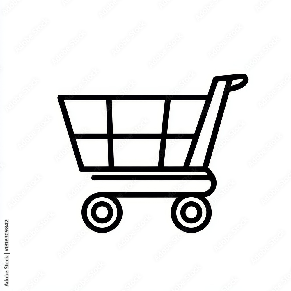 Simple black line art is used to create an icon of a shopping cart on a white background Simple black line art is used to create an icon of a shopping cart on a white background