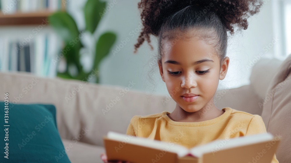 Fototapeta premium Black girl reading a book in the living room at home