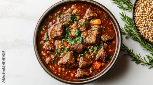 Wallpaper Mural A tantalizing overhead shot unveils a hearty beef goulash, its rich, dark hue contrasting with the creamy texture of boiled buckwheat, all nestled on a pristine white background. Torontodigital.ca