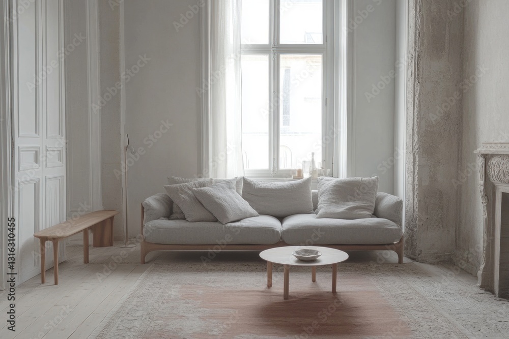 Fototapeta premium Light living room with sofa, bench, rug, and coffee table.
