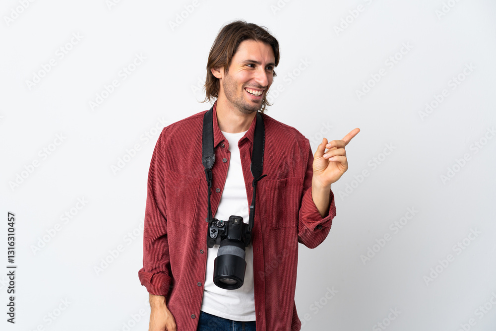 Young photographer man isolated on white background intending to realizes the solution while lifting a finger up Young photographer man isolated on white background intending to realizes the solution while lifting a finger up