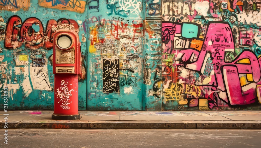 Obraz premium Industrial scenery forms the background for abstract graffiti that covers a wall of a deserted factory