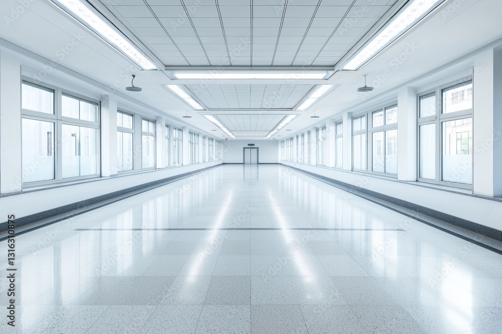 Large, empty modern hall with hanging lights, structured ceiling patterns, and polished flooring, ideal for presentations or exhibitions