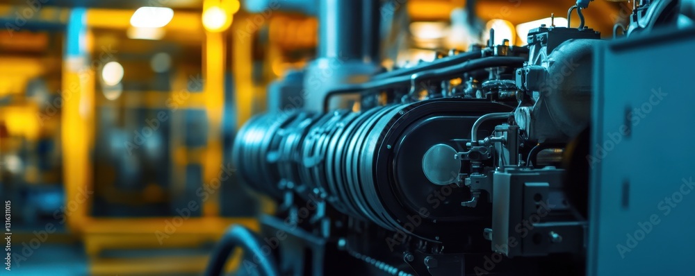 Close-up of a large generator showcasing intricate details and robust design in industrial setting. Close-up of a large generator showcasing intricate details and robust design in industrial setting.
