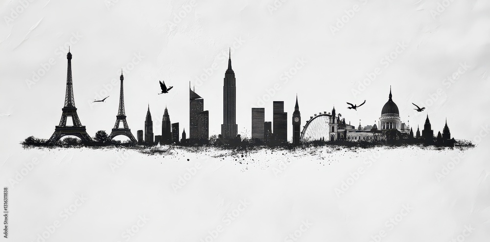 Obraz premium City Skylines Depicted in Silhouette with Flying Birds and Buildings