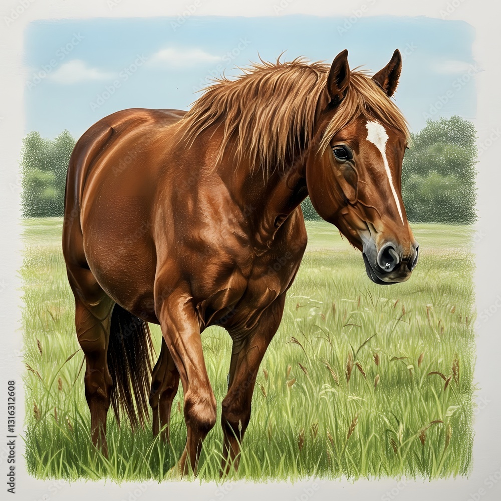 Obraz premium Realistic Brown Horse in a Field