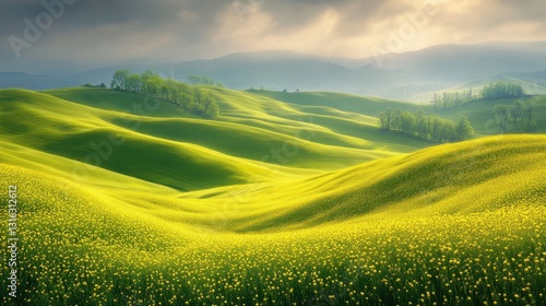 A vibrant green field, where mustard flowers, like tiny yellow stars, unfurl their petals in the sun is golden rays, a symphony of nature is artistry.