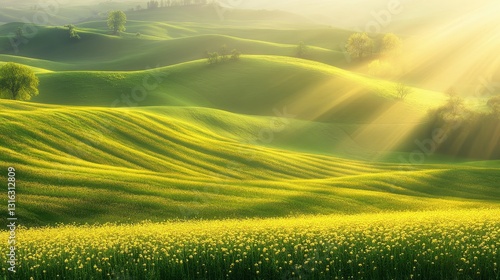 A vibrant green field, where mustard flowers, like tiny yellow stars, unfurl their petals in the sun is golden rays, a symphony of nature is artistry.