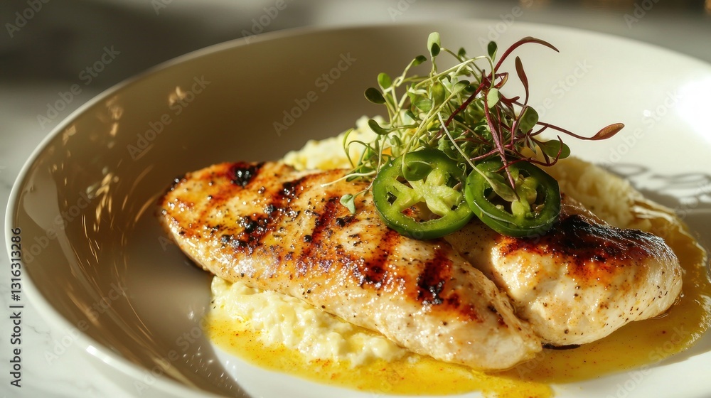 Grilled chicken breast served on mashed potato with jalapeños and microgreens culinary experience Grilled chicken breast served on mashed potato with jalapeños and microgreens culinary experience