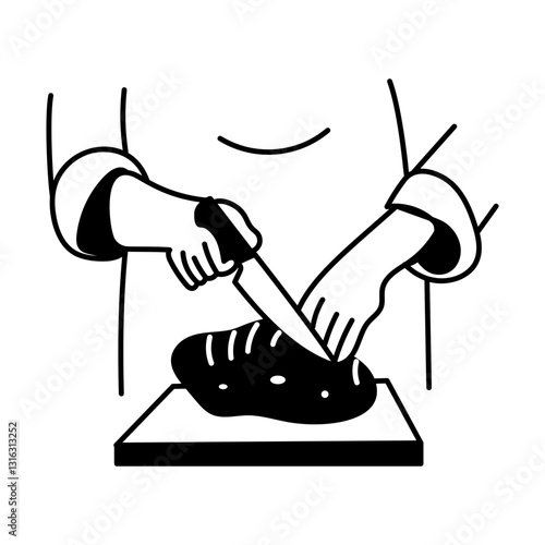 A hand drawn illustration depicting meat cutting with knife 
