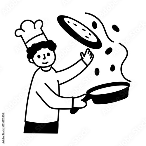 A hand drawn illustration of a restaurant chef tossing food 
