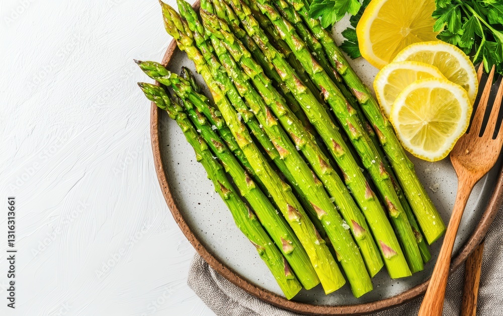 Minimalist food styling of roasted asparagus, parmesan, and lemon, set on a textured plate with wooden cutlery, natural and warm ambiance Minimalist food styling of roasted asparagus, parmesan, and lemon, set on a textured plate with wooden cutlery, natural and warm ambiance