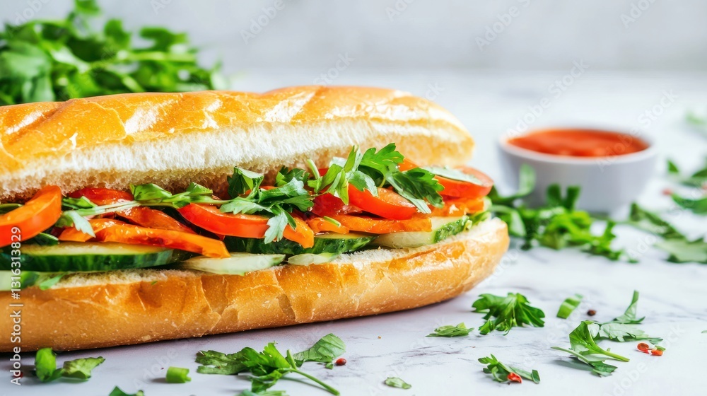 Fresh vegetarian banh mi sandwich on marble background with herbs bright and appealing shot tasty fast food option Fresh vegetarian banh mi sandwich on marble background with herbs bright and appealing shot tasty fast food option