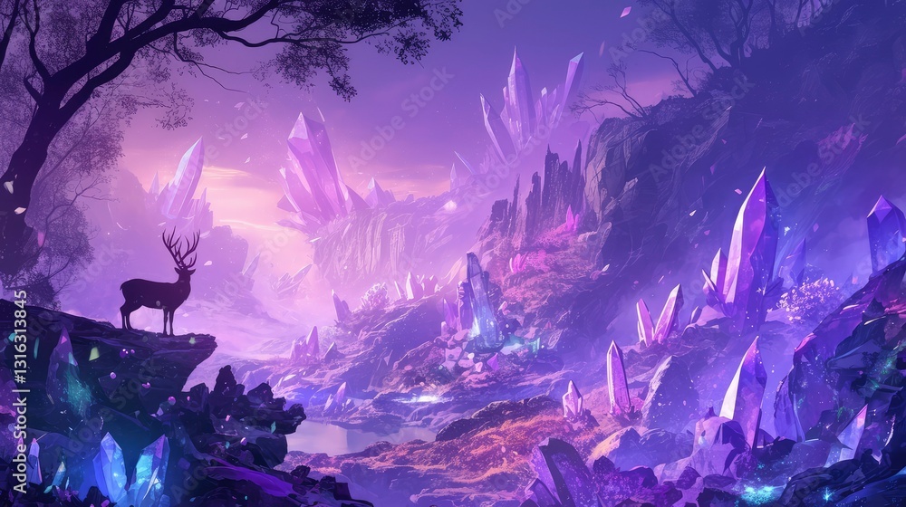 Fototapeta premium Majestic Deer in a Crystallized Purple Fantasy Landscape