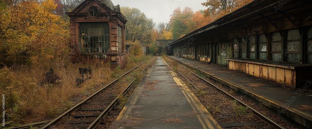 Naklejka premium Abandoned Train Station Autumn Overgrown Railway Tracks Decaying Building