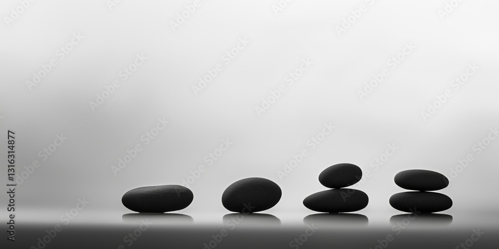 Smooth Black Pebbles with a Glossy Finish Stacked on a Gray Backdrop, Featuring a Reflective Surface, Soft Fog, and a Minimalist Zen Meditation Aesthetic for a Serene and Tranquil Atmosphere Smooth Black Pebbles with a Glossy Finish Stacked on a Gray Backdrop, Featuring a Reflective Surface, Soft Fog, and a Minimalist Zen Meditation Aesthetic for a Serene and Tranquil Atmosphere