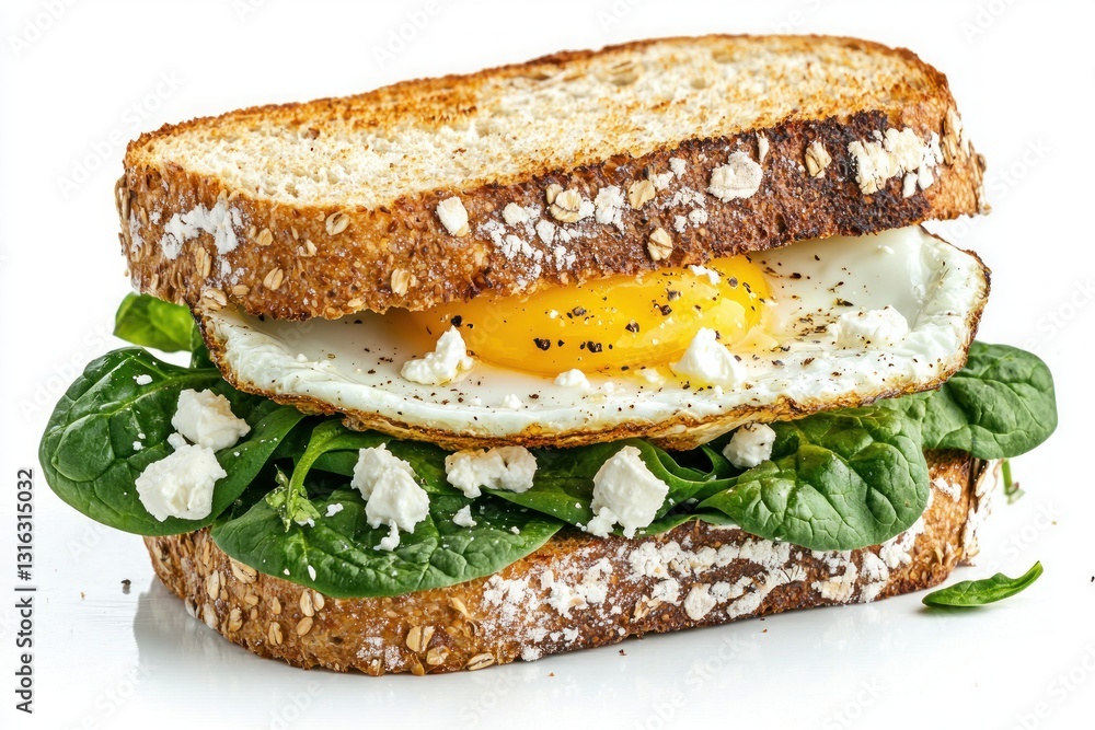 Delicious breakfast sandwich with fried egg spinach and feta on artisan bread sunny side up breakfast food Delicious breakfast sandwich with fried egg spinach and feta on artisan bread sunny side up breakfast food