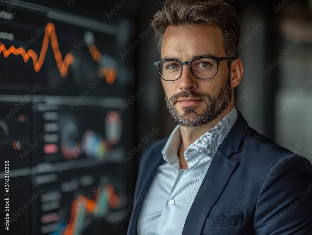 Confident Businessman in Front of Data Visualization on Wall Confident Businessman in Front of Data Visualization on Wall