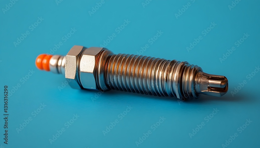 Close-up of a metallic automotive sensor on a blue background. Close-up of a metallic automotive sensor on a blue background.