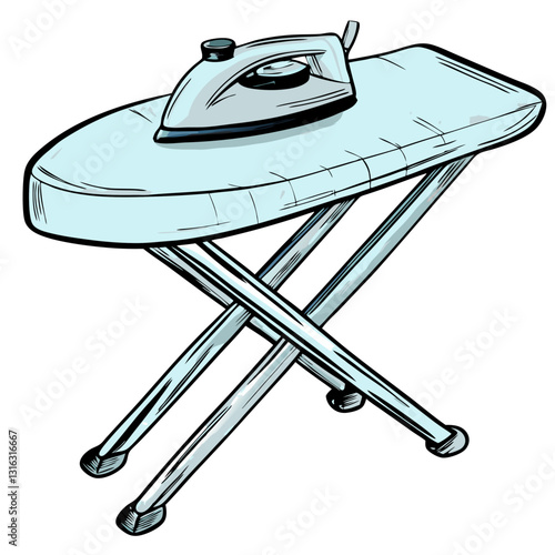 Cartoon illustration of an ironing board with an iron