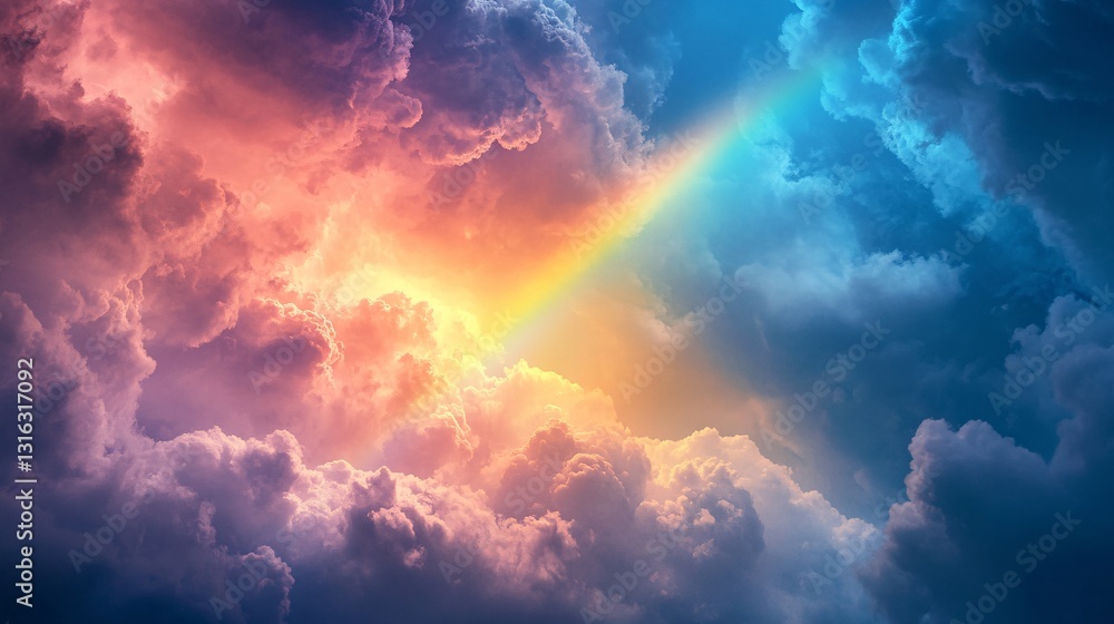 A beautiful rainbow arches across a cloudy sky after a storm A beautiful rainbow arches across a cloudy sky after a storm