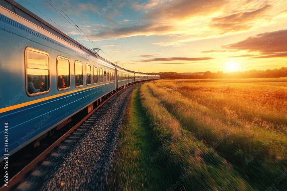 Obraz premium Scenic countryside view as a commuter train glides through lush landscapes and rolling hills.