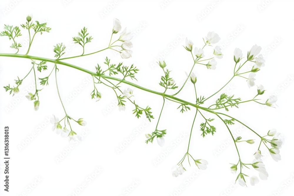 Delicate botanical composition featuring graceful white flowers and verdant green foliage on a clean white backdrop Delicate botanical composition featuring graceful white flowers and verdant green foliage on a clean white backdrop