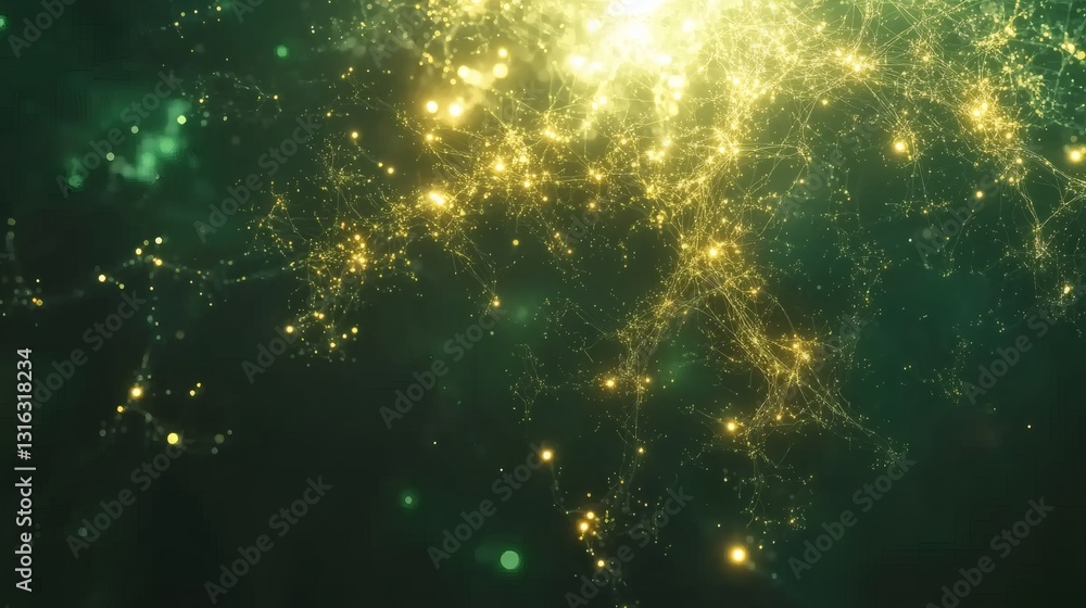 Abstract Nebula Formation with Glowing Particles in Emerald and Golden Tones