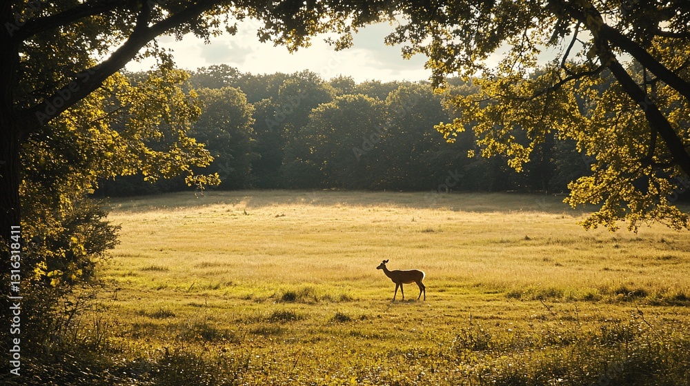Fototapeta premium A deer standing alone in a sunlit field surrounded by trees