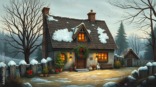 A quaint timeworn decorated for christmas cottage. Time-Torn Landscapes. Illustration