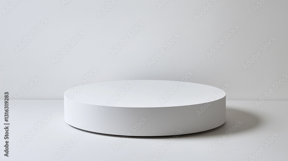 Minimalist Circular White Pedestal on Neutral Background Minimalist Circular White Pedestal on Neutral Background