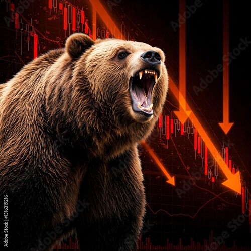 brown bear roaring with a sharply declining red stock market index