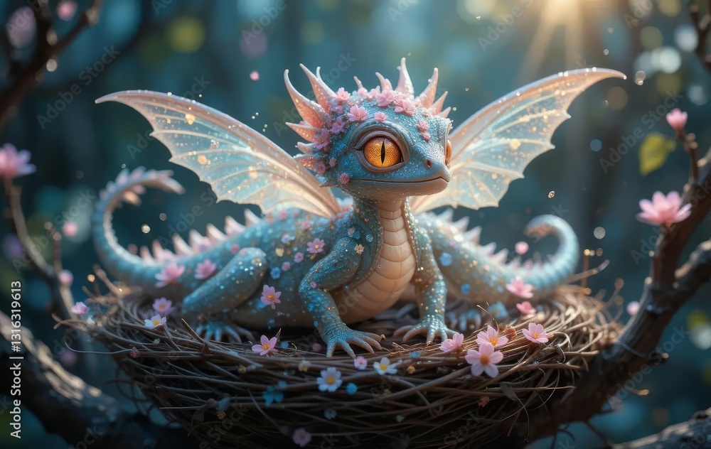 Fototapeta premium A close-up of a dragon's face with a nest and butterfly wings incorporated into its body, surrounded by glowing flowers and a detailed background.