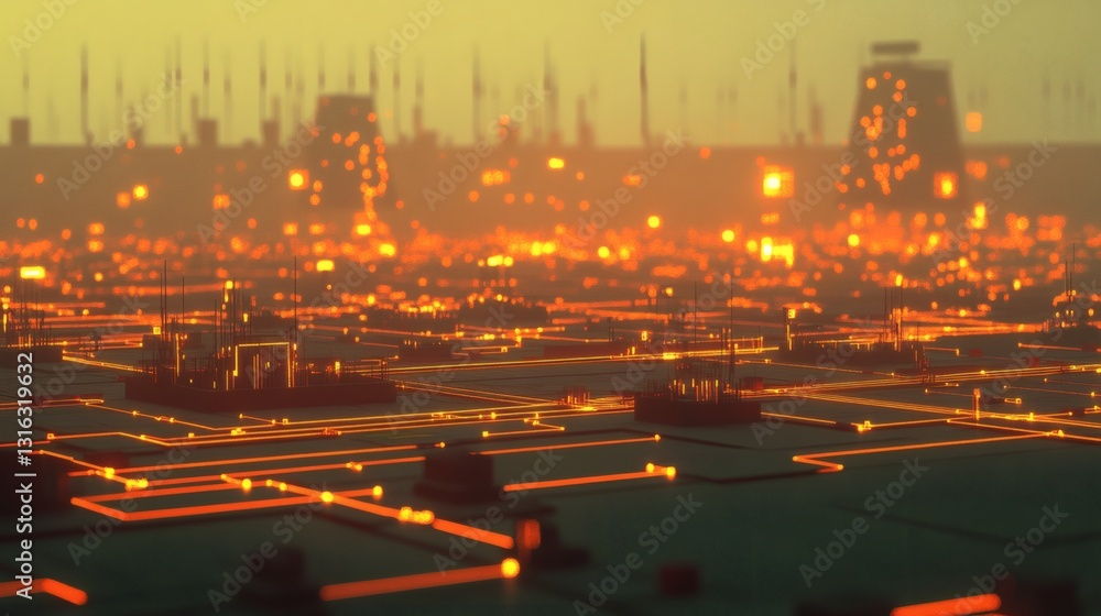 Fototapeta premium Abstract technological landscape with glowing circuits and distant structures