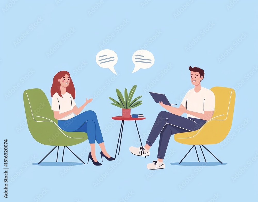 Fototapeta premium In chairs, two individuals are seated and engaged in dialogue, with a small table positioned between them