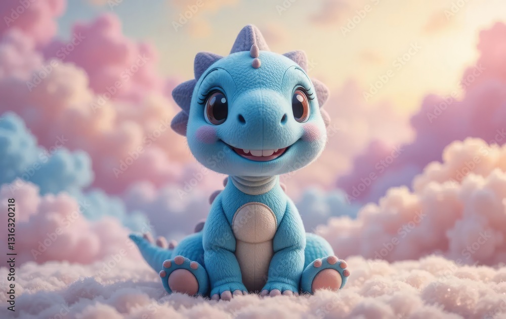 A photo of a baby dinosaur plushie with a dreamy background of pastel-colored clouds