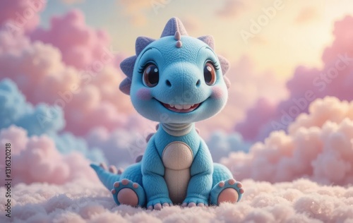 Obraz na płótnie A photo of a baby dinosaur plushie with a dreamy background of pastel-colored clouds w salonie