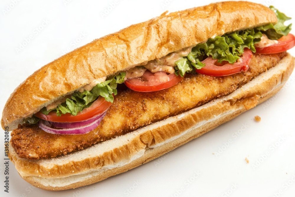 Delicious crispy fish sandwich with fresh lettuce, tomato, and onion on baguette against bright backdrop Delicious crispy fish sandwich with fresh lettuce, tomato, and onion on baguette against bright backdrop