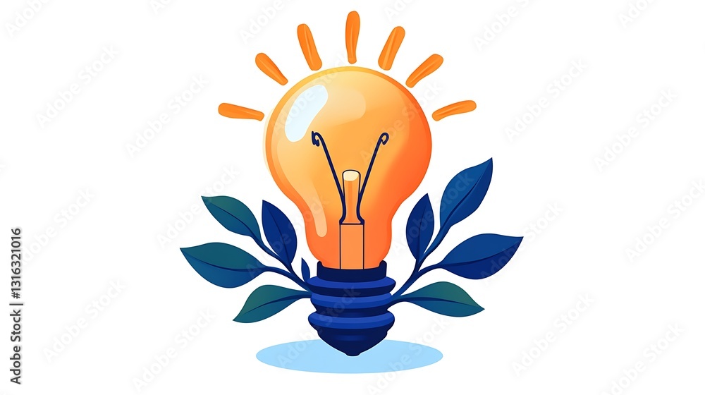 Vibrant 2D Illustration: Glowing Lightbulb with Lush Green Leaves AI Generated Vibrant 2D Illustration: Glowing Lightbulb with Lush Green Leaves AI Generated