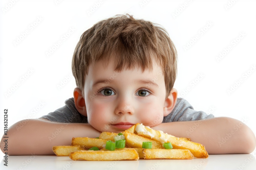 Adorable boy captivated by appetizing golden french fries with fresh green onion on bright background