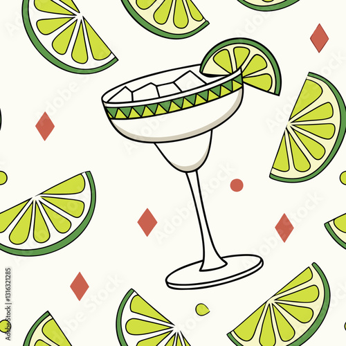 Margarita glass illustration with lime slices, festive background concept
